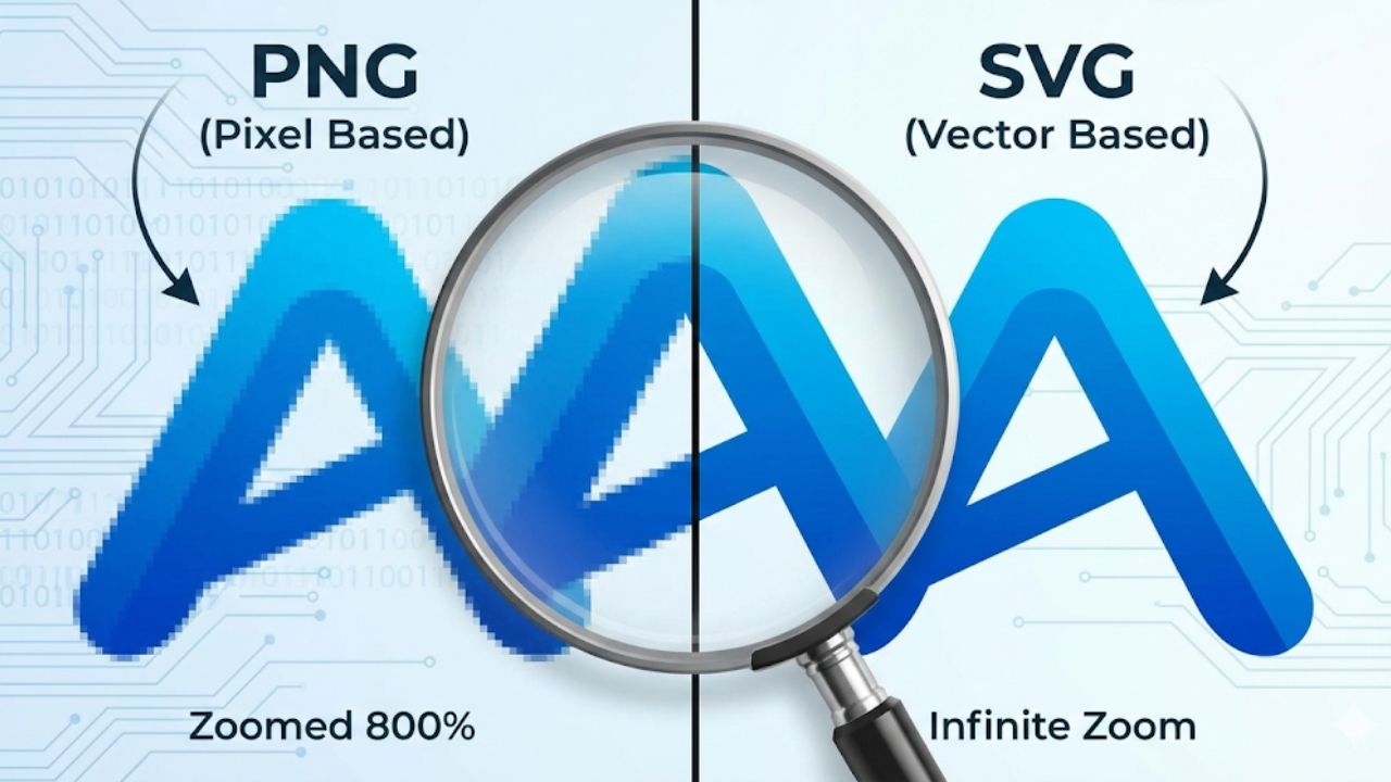 5 Elemen Brand Kit Canva Wajib Punya Agar Bisnis Terlihat Pro Perbandingan kualitas logo format PNG yang pecah vs format SVG yang tajam saat diperbesar.