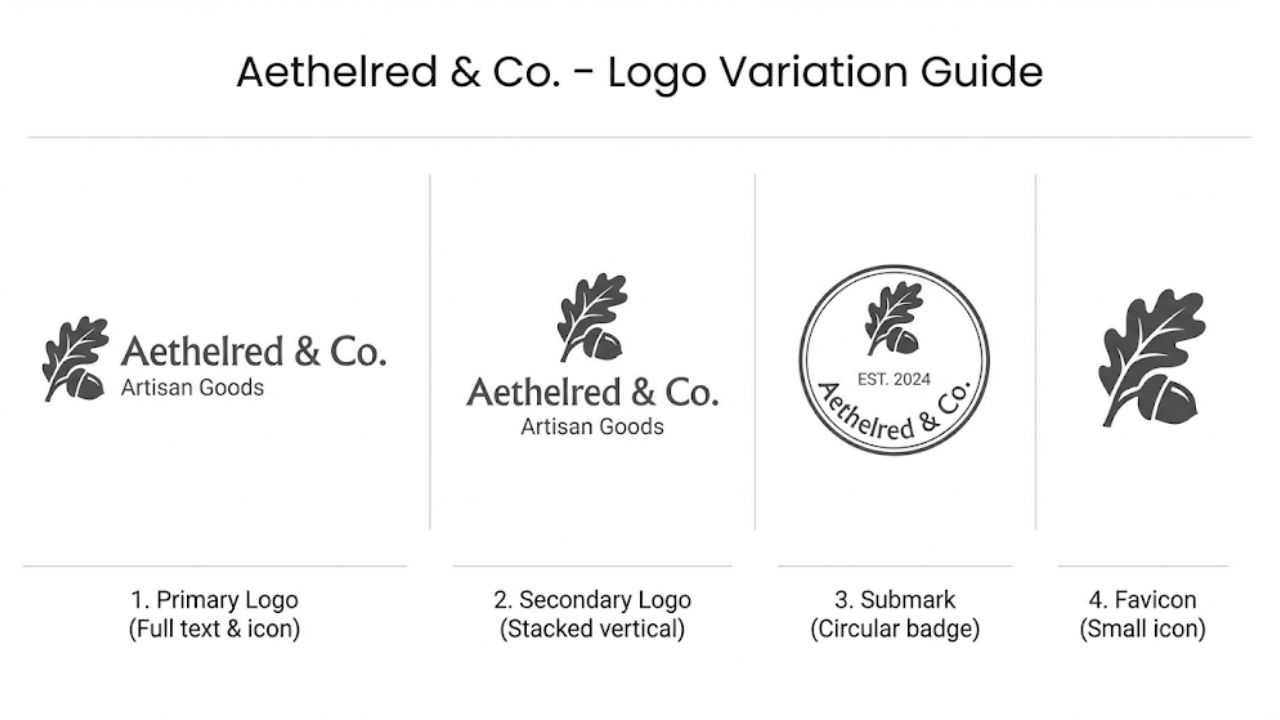 5 Elemen Brand Kit Canva Wajib Punya Agar Bisnis Terlihat Pro jenis-jenis variasi logo yang wajib dimiliki bisnis Utama, Sekunder, Submark, dan Favicon.