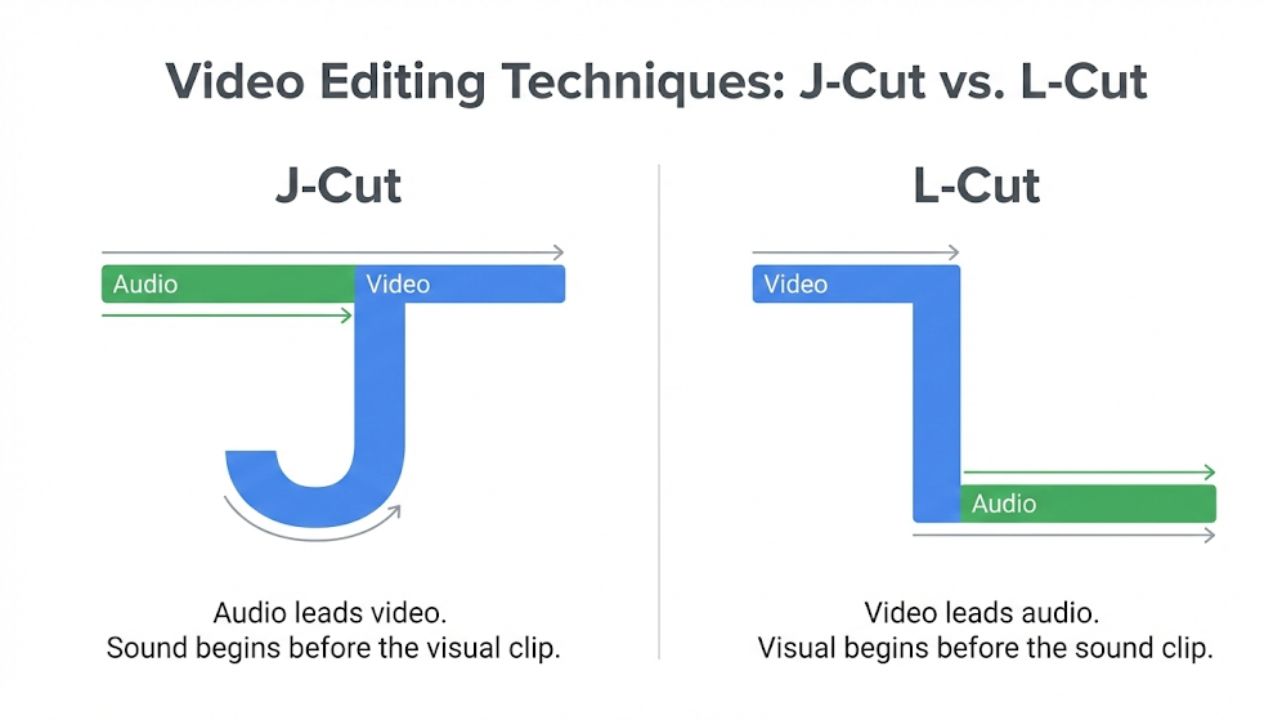 5 Kesalahan Fatal Editor CapCut Pemula perbedaan teknik editing J-Cut dan L-Cut pada timeline video.