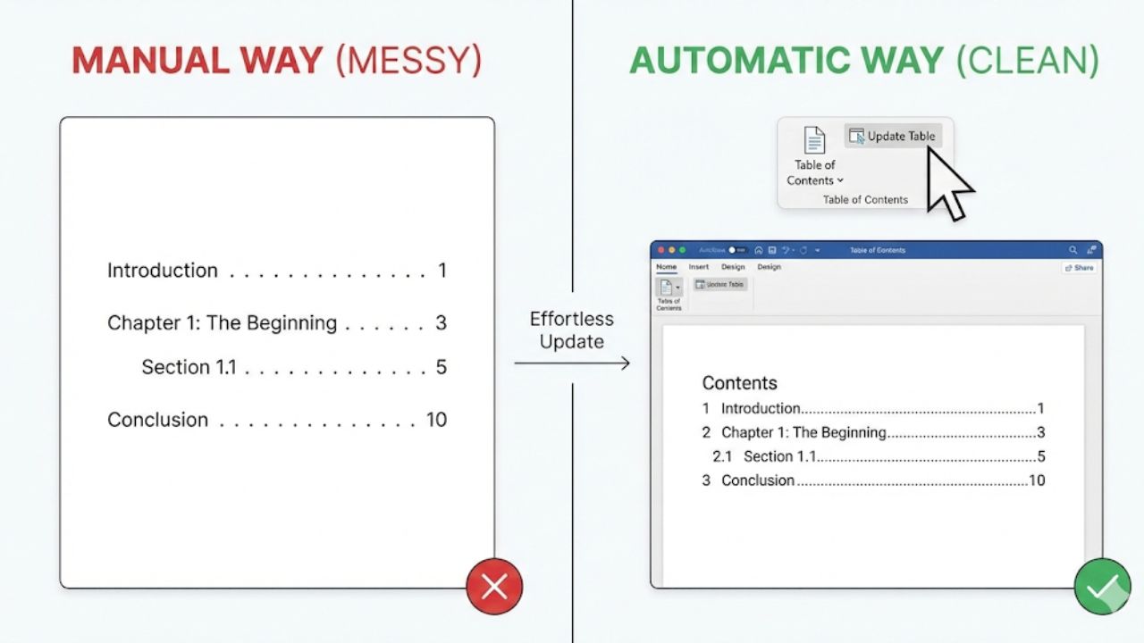 5 Kesalahan Format Skripsi Paling Fatal Perbandingan cara membuat daftar isi manual vs otomatis menggunakan Heading Styles di Word.