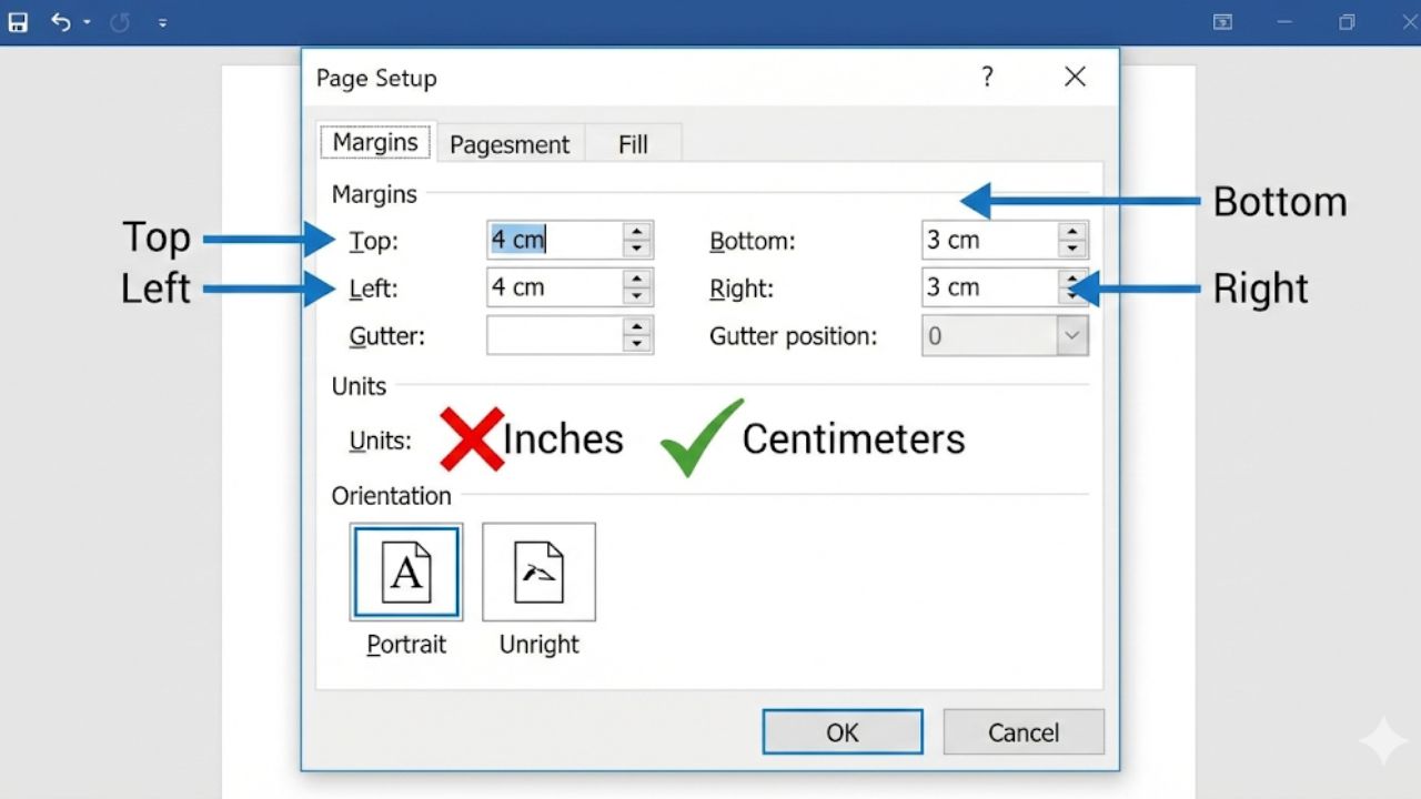 5 Kesalahan Format Skripsi Paling Fatal visual pengaturan margin skripsi 4-4-3-3 cm di Microsoft Word.