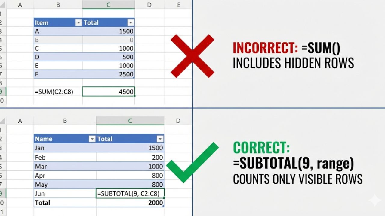 7 Kesalahan Rumus Excel yang Bikin Neraca Tidak Balance Perbedaan rumus SUM dan SUBTOTAL di Excel saat menggunakan fitur Filter data.