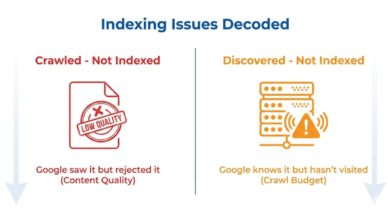 Cara Audit Google Search Console (Update 2026), perbedaan status Crawled Not Indexed dan Discovered Not Indexed di GSC.