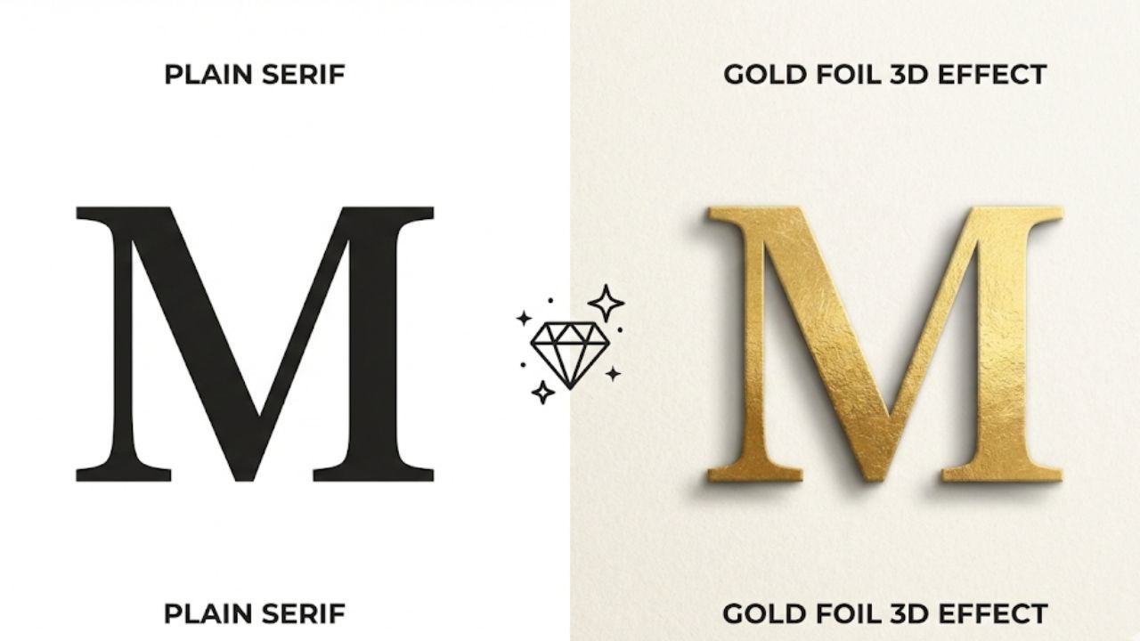 Cara Membuat Logo Mewah Dengan Teknik Interlocking Monogram di Canva Perbandingan teks monogram biasa vs teks dengan tekstur emas menggunakan fitur frame Canva.