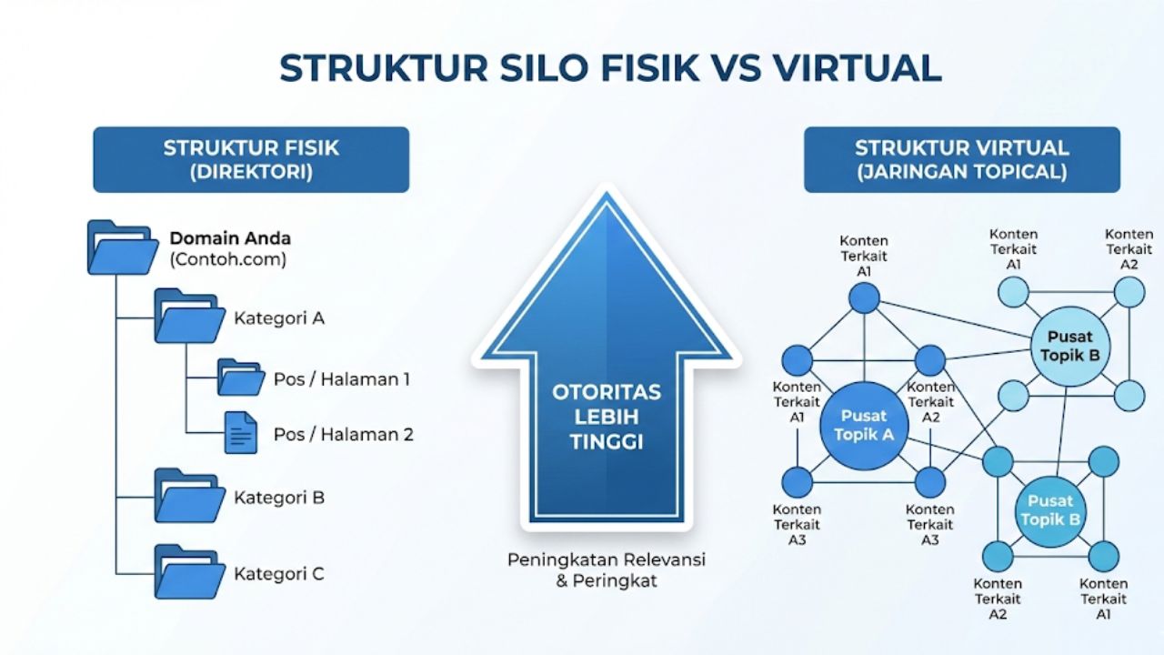 Cara Mengatur Struktur Silo di WordPress perbedaan struktur silo fisik direktori dan silo virtual internal linking.