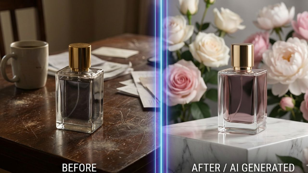 Fitur AI CapCut 2026 Perbandingan foto produk biasa vs hasil edit fitur AI Product Photo CapCut.