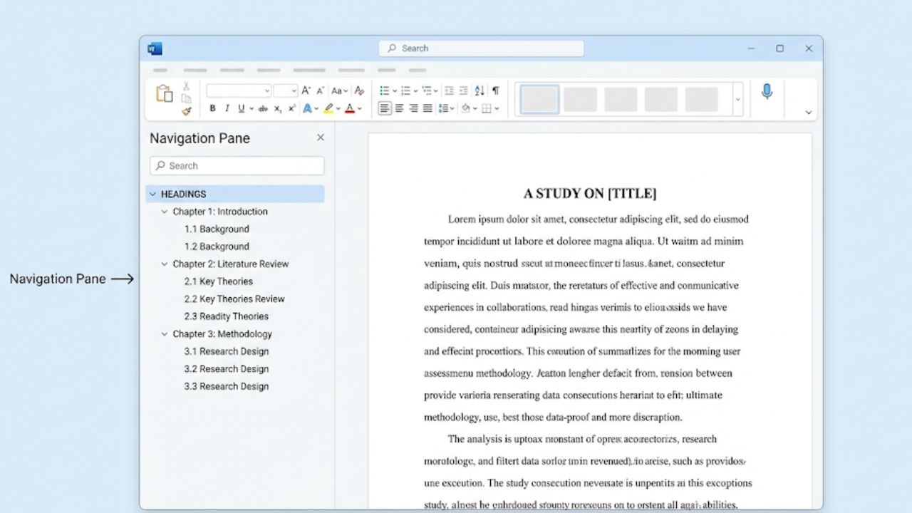 Menguasai 7 Fitur Rahasia Microsoft Word untuk Skripsi Navigation Pane di Microsoft Word untuk navigasi cepat antar bab skripsi.