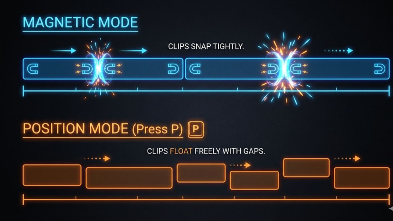 Panduan Interface CapCut (2026) perbedaan Magnetic Timeline dan Position Mode di CapCut PC.