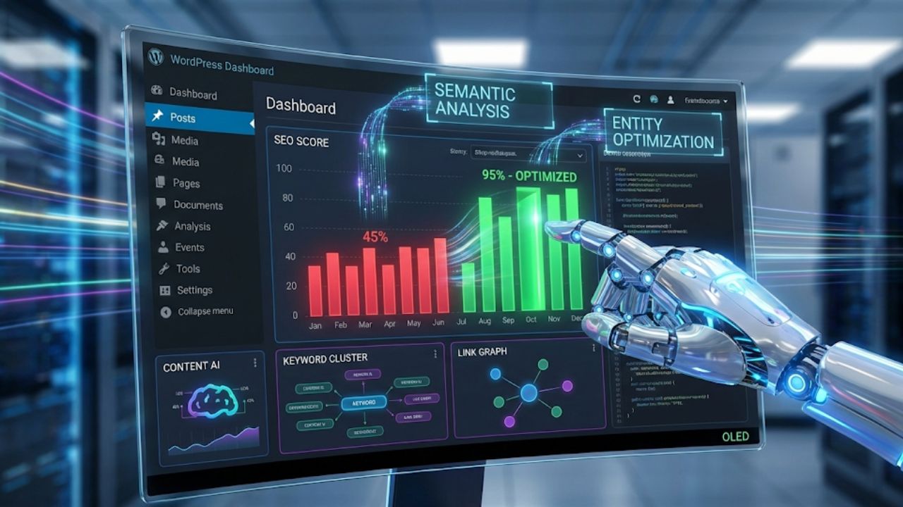 Rahasia Memilih CMS 2026 Visualisasi plugin SEO berbasis AI di WordPress mengoptimalkan peringkat pencarian