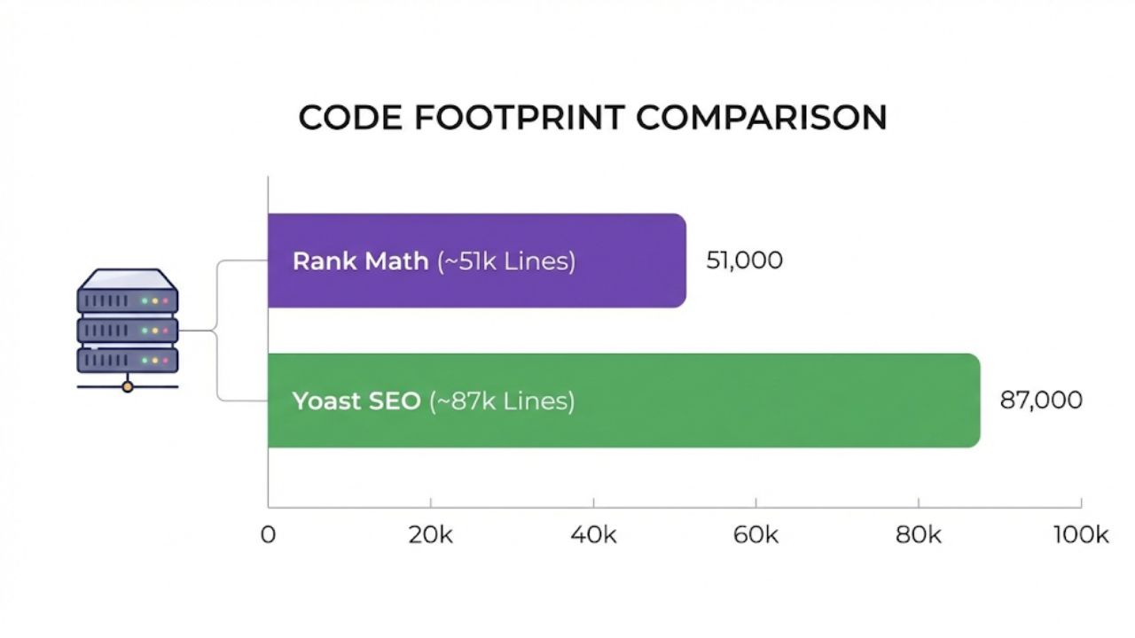Rank Math vs Yoast SEO (Update 2026) Grafik perbandingan jumlah baris kode Rank Math vs Yoast SEO