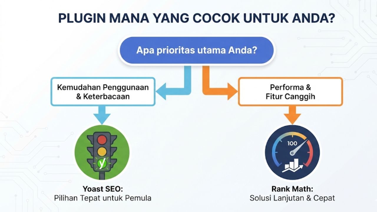 Rank Math vs Yoast SEO (Update 2026) alur cara memilih plugin SEO terbaik antara Yoast dan Rank Math berdasarkan kebutuhan.