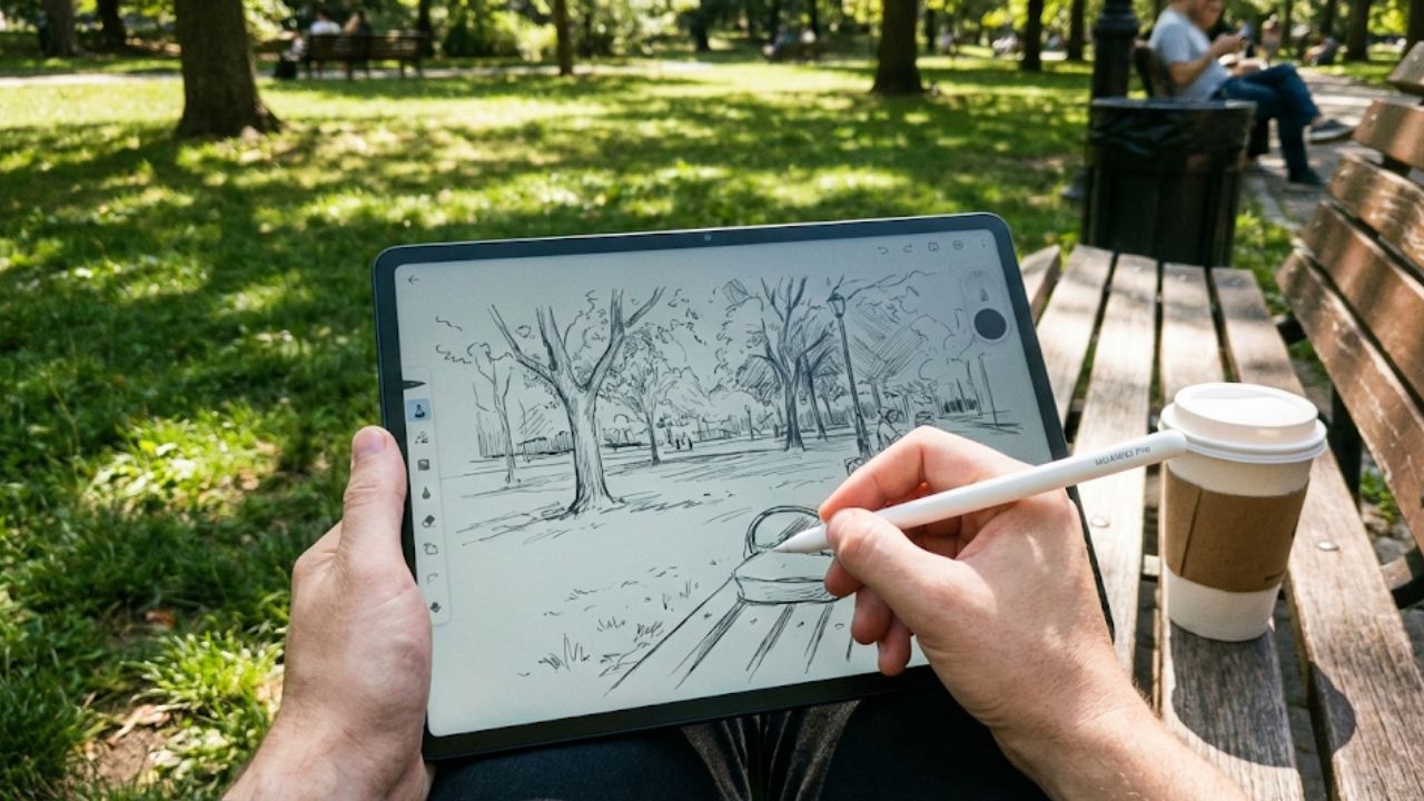 Review Huawei MatePad 12X 2026, Menggambar di luar ruangan dengan layar anti-glare Huawei MatePad 12X dan M-Pencil Pro.