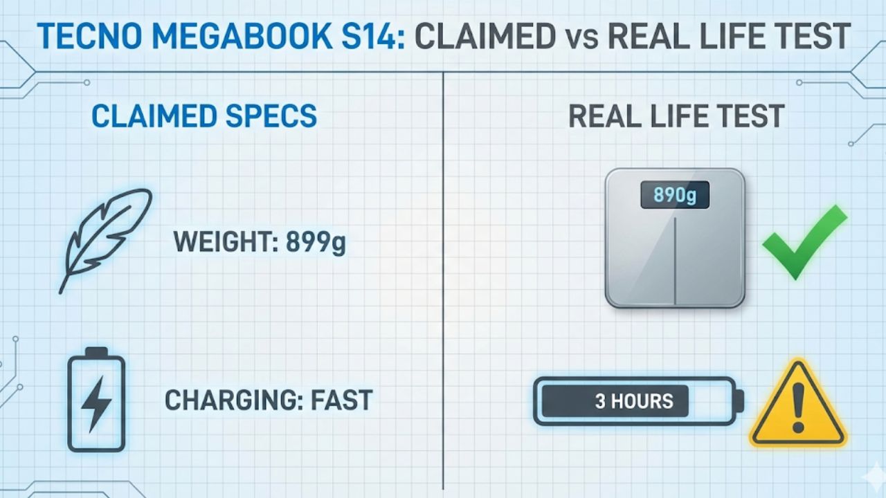 Review Lengkap TECNO Megabook S14, perbandingan berat asli dan durasi charging TECNO Megabook S14