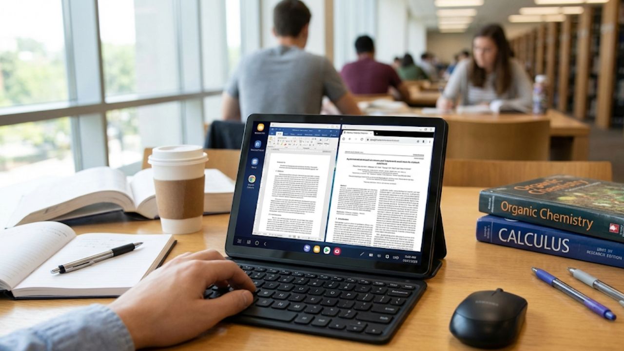 Review Samsung Galaxy Tab A11 Plus Penggunaan fitur Samsung DeX pada Galaxy Tab A11 Plus untuk produktivitas kuliah.