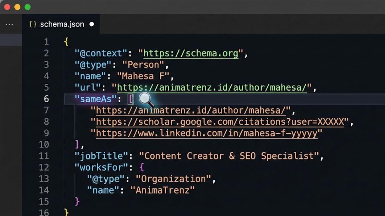 Selamatkan Blog Anda 5 Tips Terhindar Dari Deteksi AI Contoh kode Schema Markup JSON-LD untuk memverifikasi identitas penulis di mata Google.