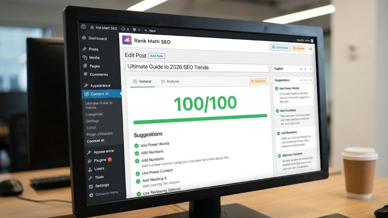 7 Plugin SEO WordPress Yang Wajib Di Instal skor 100100 pada plugin Rank Math SEO di WordPress.