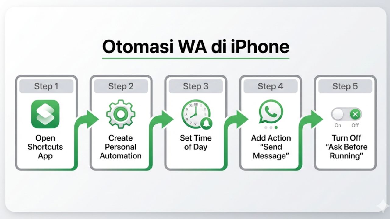 Cara Kirim WhatsApp Terjadwal Otomatis Dan Auto Reply langkah-langkah membuat jadwal kirim WA otomatis di iPhone via Shortcuts.