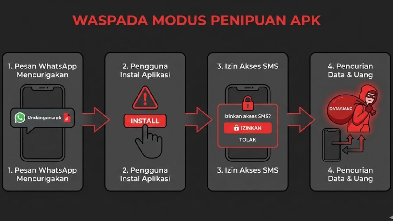 Panduan Keamanan WhatsApp Di 2026 alur penipuan file APK undangan pernikahan dan kurir di WhatsApp.